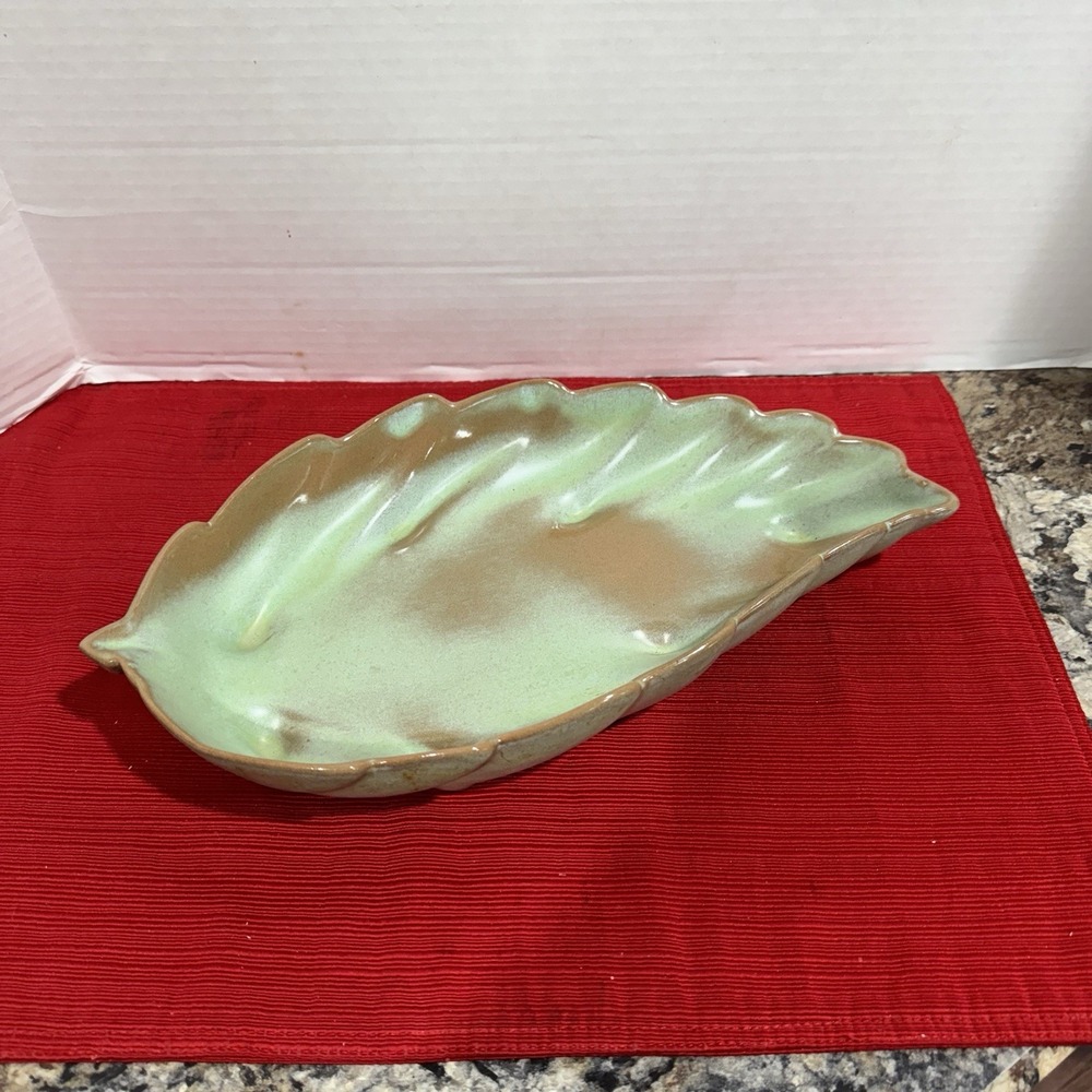 Vintage Frankoma Pottery Prairie Green Leaf Dish 12.5" X 7" #226